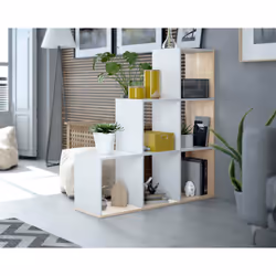 Libreria Abilu, Mobile portalibri bifacciale con 6 scomparti, Scaffale divisorio da ufficio, cm 108x28h110, Bianco e Rovere