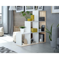 Libreria Abilu, Mobile portalibri bifacciale con 6 scomparti, Scaffale divisorio da ufficio, cm 108x28h110, Bianco e Rovere
