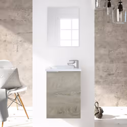 Mobile sottolavabo Akamaru, Mobiletto per bagno sospeso, Armadio a 1 anta e specchio, cm 40x22h58, Rovere