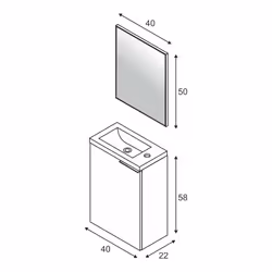 Mobile sottolavabo Akamaru, Mobiletto per bagno sospeso, Armadio a 1 anta e specchio, cm 40x22h58, Rovere