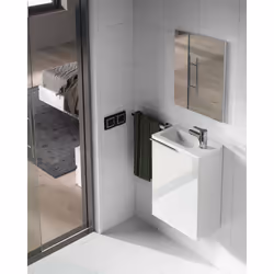 Mobile sottolavabo Akamaru, Mobiletto per bagno sospeso, Armadio a 1 anta e specchio, cm 40x22h58, Bianco lucido