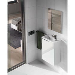 Mobile sottolavabo Akamaru, Mobiletto per bagno sospeso, Armadio a 1 anta e specchio, cm 40x22h58, Bianco lucido
