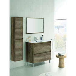 Mobile sottolavabo Alis, Mobiletto sospeso con 2 cassetti, Armadio per bagno con specchio, Lavabo escluso, cm 80x45h80, Quercia