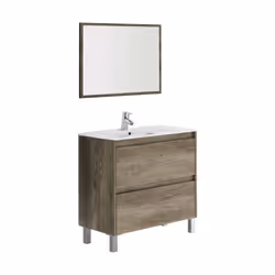 Mobile sottolavabo Alis, Mobiletto sospeso con 2 cassetti, Armadio per bagno con specchio, Lavabo escluso, cm 80x45h80, Quercia