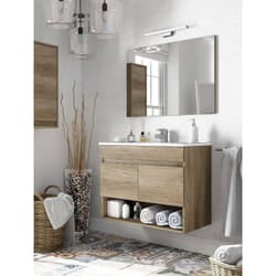 Mobile sottolavabo Enio, Mobiletto per bagno a 2 ante, Armadietto sospeso con ripiano e specchio, lavabo non incluso, cm 80x45h64, Quercia
