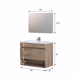 Mobile sottolavabo Enio, Mobiletto per bagno a 2 ante, Armadietto sospeso con ripiano e specchio, lavabo non incluso, cm 80x45h64, Quercia