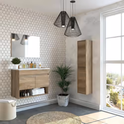 Mobile sottolavabo Enio, Mobiletto per bagno a 2 ante, Armadietto sospeso con ripiano e specchio, lavabo non incluso, cm 80x45h64, Quercia - Vista aggiuntiva 4