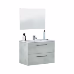 Mobile sottolavabo Albino, Mobiletto per bagno sospeso, Armadio a 2 cassetti e specchio, cm 80x45h57, Cemento