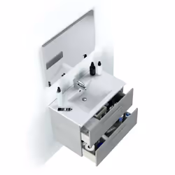 Mobile sottolavabo Albino, Mobiletto per bagno sospeso, Armadio a 2 cassetti e specchio, cm 80x45h57, Cemento - Vista aggiuntiva 4