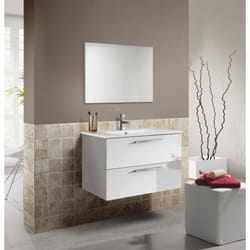Mobile sottolavabo Albino, Mobiletto per bagno sospeso, Armadio a 2 cassetti e specchio, cm 80x45h57, Bianco lucido