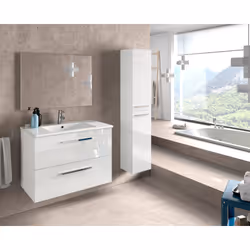 Mobile sottolavabo Albino, Mobiletto per bagno sospeso, Armadio a 2 cassetti e specchio, cm 80x45h57, Bianco lucido - Vista aggiuntiva 4