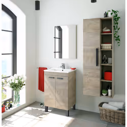 Mobile sottolavabo Almenia, Mobiletto per bagno, Armadio a 2 ante con specchio, lavabo non incluso, cm 50x40h80, Rovere