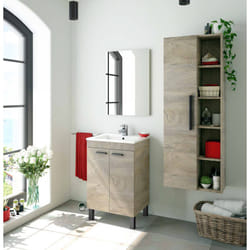 Mobile sottolavabo Almenia, Mobiletto per bagno, Armadio a 2 ante con specchio, lavabo non incluso, cm 50x40h80, Rovere