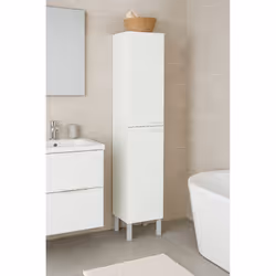 Colonna Bagno Ark, Mobile a colonna per bagno a 2 ante, Armadio pensile sospeso con 2 ripiani, cm 30x25h182, Bianco lucido