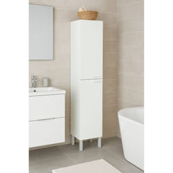 Colonna Bagno Ark, Mobile a colonna per bagno a 2 ante, Armadio pensile sospeso con 2 ripiani, cm 30x25h182, Bianco lucido