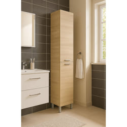 Colonna Bagno Ark, Mobile a colonna per bagno a 2 ante, Armadio pensile sospeso con 2 ripiani, cm 30x25h182, Rovere