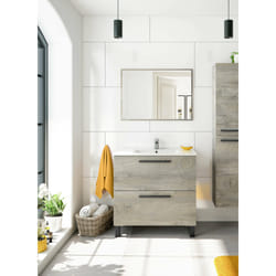Mobile sottolavabo Abissalino, Mobiletto per bagno a 2 cassetti, Armadietto sospeso con specchio, lavabo non incluso, cm 80x45h80, Rovere