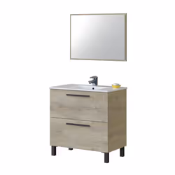 Mobile sottolavabo Abissalino, Mobiletto per bagno a 2 cassetti, Armadietto sospeso con specchio, lavabo non incluso, cm 80x45h80, Rovere - Vista aggiuntiva 4