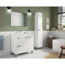 Mobile sottolavabo Aracth, Mobiletto per bagno, Armadio a 2 ante e due cassetti con specchio, lavabo non incluso, cm 80x45h80, Bianco lucido