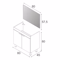 Mobile sottolavabo Alakin, Mobiletto per bagno a 2 ante, Armadietto da terra con specchio, lavabo non incluso, cm 80x45h80, Bianco