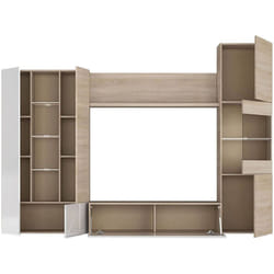 Dmora - Parete attrezzata Angioletto, Mobile da soggiorno porta tv modulare, Composizione salotto con pensili e vetrine e luce led, 260x42h185 cm,