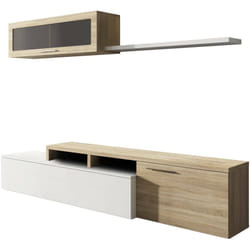 Dmora - Parete attrezzata Amitraz, Mobile soggiorno porta tv, Composizione salotto reversibile, Set salotto ad angolo, 200x41h44 cm, Rovere e Bianco