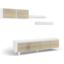 Dmora - Parete attrezzata Anguria, Mobile da soggiorno porta tv, Composizione per salotto con pensile e mensola, 200x50h41 cm, Bianco e Rovere