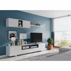 PARETE ATTREZZATA - Mobile da soggiorno porta TV, Composizione set salotto, Set salotto con pensile, 200x41h46 cm, Bianco luc ...