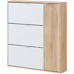 Scarpiera Ammour, Armadio portascarpe a 4 ante, Mobile basso multiuso con 5 ripiani, Scarpiera moderna, 106x22h115 cm, Rovere e Bianco - Dmora