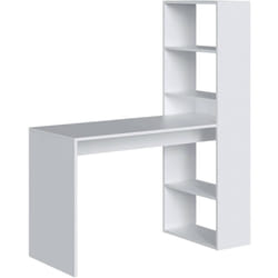 Scrivania Ali, Scrittoio multifunzione reversibile con libreria 5 ripiani, Tavolo da studio o ufficio porta pc portalibri, 120x53h144 cm, Bianco