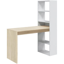 Scrivania Ali, Scrittoio multifunzione reversibile con libreria 5 ripiani, Tavolo da studio o ufficio porta pc portalibri, 120x53h144 cm, Bianco e