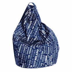Poltrona a sacco con la classica forma a pera con moderna fantasia con scritte bianche su sfondo blu, ,a soluzione ideale per ...