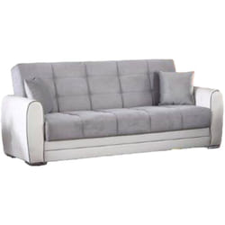Divano letto 3 posti Dike, Divano contenitore in ecopelle e tessuto, Sofà da soggiorno con apertura click-clack, 220x84h91 cm, Bianco e Grigio - Dmora