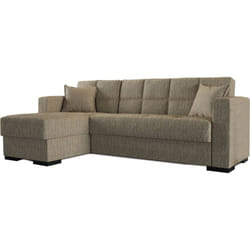 Divano letto con penisola Armadillo, Divano ad angolo reversibile, Sofà contenitore da soggiorno con chaise longue e 2 cuscini, 230x150h81 cm, Beige