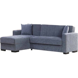 Divano letto con penisola Armadillo, Divano ad angolo reversibile, Sofà contenitore da soggiorno con chaise longue e 2 cuscini, 230x150h81 cm, Grigio