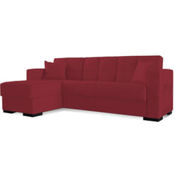 Divano letto con penisola Armadillo, Divano ad angolo reversibile, Sofà contenitore da soggiorno con chaise longue e 2 cuscini, 230x150h81 cm, Rosso