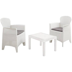 Set salotto da esterno Anny, Set da giardino, Salottino effetto rattan, 100% Made in Italy, 2 poltrone e 1 tavolino, Bianco - Dmora