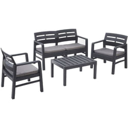 Set salotto da esterno Arti, Composizione da giardino con 2 poltrone, 1 divano ed 1 tavolino, Salottino indoor e outdoor con cuscini, 100% Made in