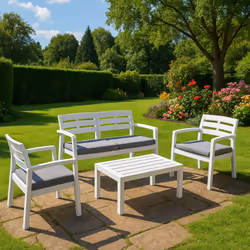 Set salotto da esterno Arti, Set da giardino con cuscini composto da 2 poltrone, 1 divano e 1 tavolino, Salottino indoor, 100 ...