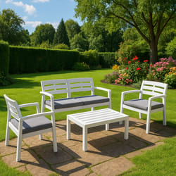 Set salotto da esterno Arti, Set da giardino con cuscini composto da 2 poltrone, 1 divano e 1 tavolino, Salottino indoor, 100% Made in Italy, Cm 133x65h75, Bianco