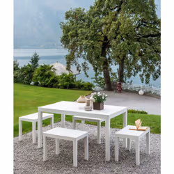 Set salotto da esterno Asta, Set da giardino composto da 4 panchine e 1 tavolo da pic nic, Salottino indoor, 100% Made in Italy, Cm 138x78h72, Bianco - Vista aggiuntiva 4