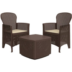Set salotto da esterno Anny, Set da giardino, Salottino effetto rattan, 100% Made in Italy, 2 poltrone e 1 tavolino contenitore, Marrone - Dmora