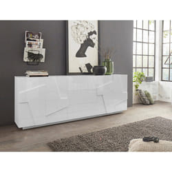 Credenza moderna a 4 ante e 3 Zeus, Made in Italy, Madia da cucina con dettaglio, Buffet di design da soggiorno, cm 224x44h86, Bianco lucido