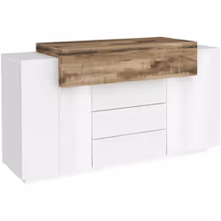 CREDENZA - Madia da cucina a 3 ante e 3 cassetti, Buffet da soggiorno, 100% Made in Italy, cm 160x45h86, Bianco lucido e Acer ...