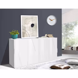 Credenza moderna a 4 Augusto, Made in Italy, Madia da cucina, Buffet di design da soggiorno, cm 162x44h86, Bianco lucido