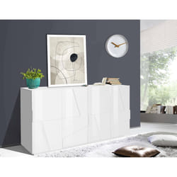 Credenza moderna a 4 Augusto, Made in Italy, Madia da cucina, Buffet di design da soggiorno, cm 162x44h86, Bianco lucido