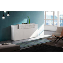 Credenza moderna a 4 ante con Aschly, Made in Italy, Madia da cucina, Buffet di design da soggiorno, cm 160x45h86, Bianco lucido e Cemento