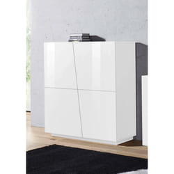 Credenza moderna di design a 4 ante Abbabbau, Made in Italy, Buffet da cucina, Madia con scaffali da cucina, cm 120x43h126, Bianco lucido