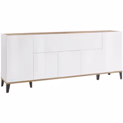 CREDENZA - Madia da cucina a 6 ante, Buffet da soggiorno, 100% Made in Italy, cm 200x40h82, Bianco lucido e Acero. STRUTTURA ...
