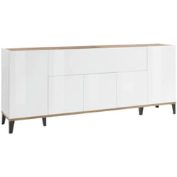 Credenza Amour, Madia da cucina a 6 ante, Buffet da soggiorno, 100% Made in Italy, cm 200x40h82, Bianco lucido e Acero - Dmora